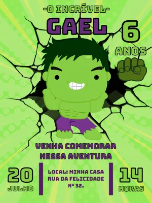 Convite de Aniversário do Hulk para Editar e Imprimir