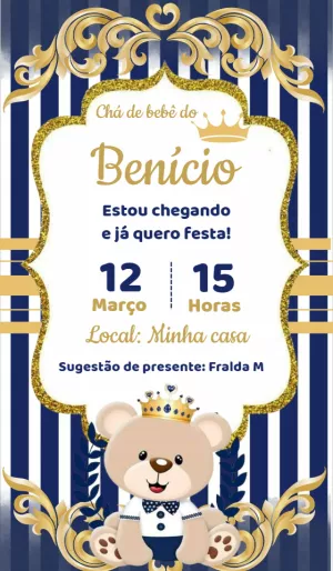 Convite Chá de Bebê Ursinho Príncipe Azul para Editar Online