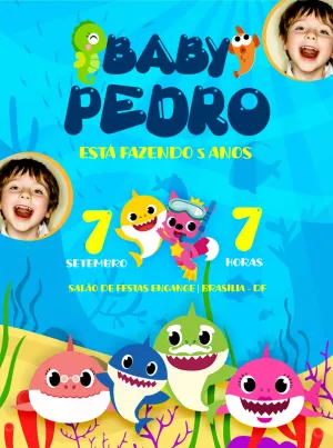 Convite de Aniversário Baby Shark com Foto para Editar Online