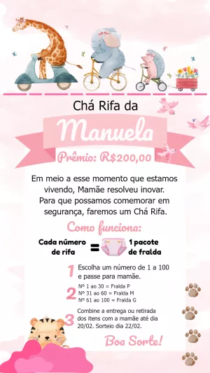 Convite Chá Rifa Safari Rosa com Animais para Editar Online