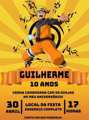 Convite de Aniversário Naruto com Personagem para Editar Online