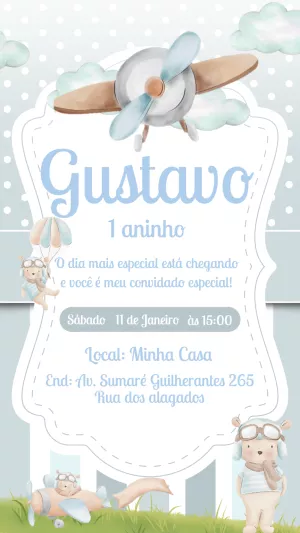 Convite de Aniversário Urso Aviador para Editar Online