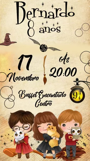 Convite de Aniversário Harry Potter Editável com Personagens