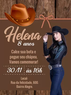 Convite de Aniversário Boiadeira Country para Editar Online