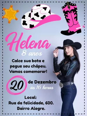 Convite Aniversário Boiadeira Country com Foto para Editar