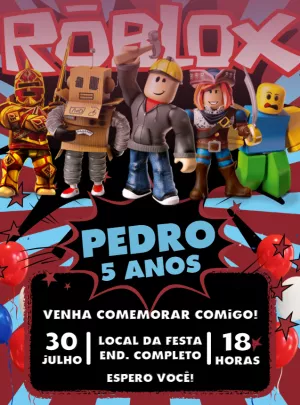 Convite de Aniversário Roblox com Personagens para Editar Online