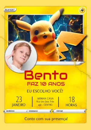 Convite Aniversário Pokémon Pikachu com Foto para Editar
