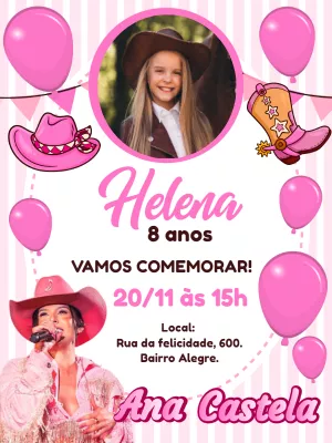 Convite Aniversário Ana Castela Boiadeira com Foto para Editar
