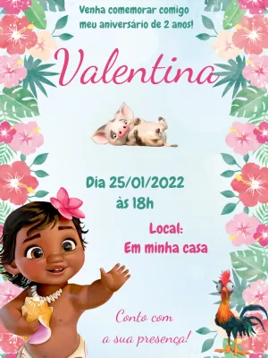 Convite de Aniversário Moana Baby com Personagens para Editar