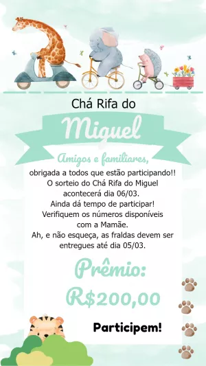 Convite Chá Rifa Safari com Animais para Editar Online