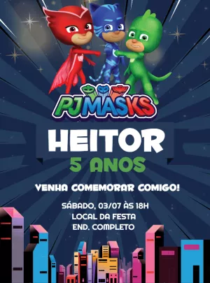 Convite de Aniversário PJ Masks com Heróis para Editar Online