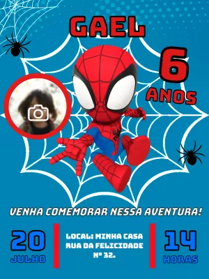 Convite Aniversário Homem-Aranha com Foto para Editar Online