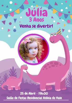 Convite de Aniversário Dinossauro Rosa para Editar Online
