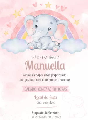 Convite Chá de Fraldas Elefantinha Rosa para Editar Online