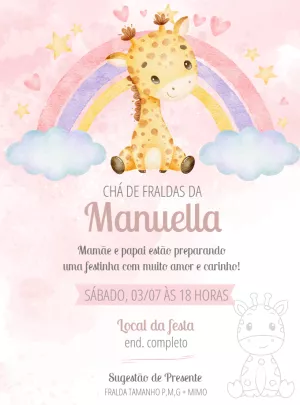 Convite Chá de Fraldas Girafinha Rosa para Editar Online