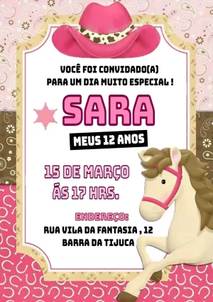 Convite Aniversário Boiadeira Country para Editar Online
