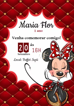 Convite Aniversário Minnie Vermelha com Glitter para Editar