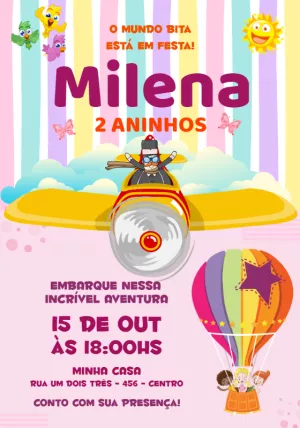 Convite Aniversário Mundo Bita com Avião para Editar Online