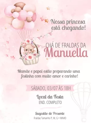 Convite Chá de Fraldas Ursinha Baloieira para Editar Online