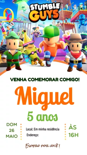 Convite de Aniversário Stumble Guys com Personagens para Editar
