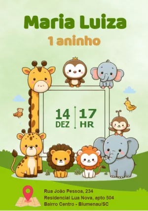 Convite Aniversário Safari com Bichinhos Fofos para Editar Online