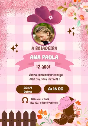 Convite Aniversário Boiadeira com Foto para Editar Online