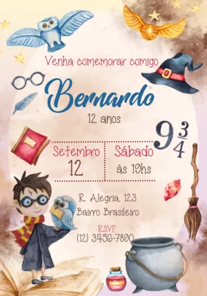 Convite Aniversário Harry Potter com Magia para Editar Online