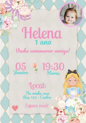 Convite Aniversário Alice no País das Maravilhas com Foto para Editar