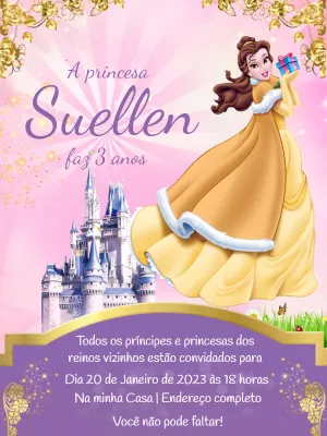 Convite de Aniversário da Princesa Bela para Editar Online