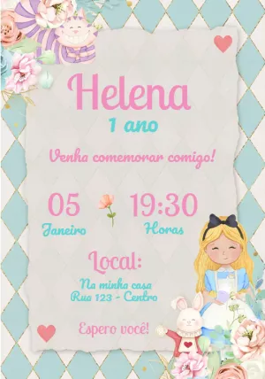 Convite de Aniversário Alice no País das Maravilhas Editável