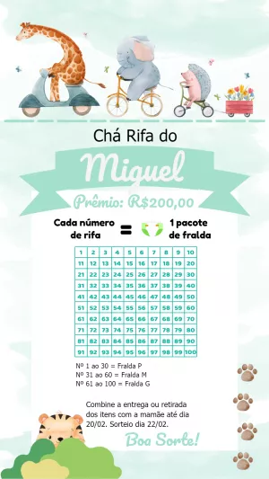 Rifa Chá de Bebê Safari com Animais Fofos para Editar Online