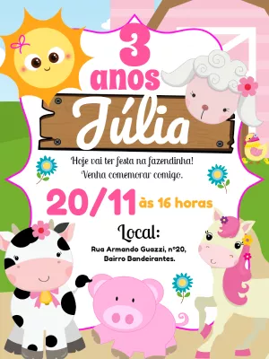Convite Aniversário Fazendinha Rosa com Animais para Editar