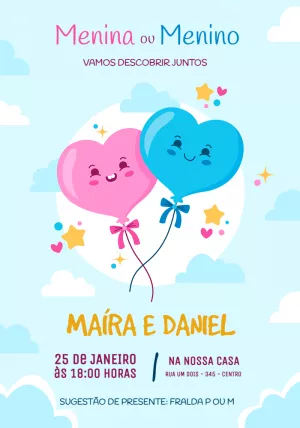 Convite Chá Revelação com Balões de Coração para Editar Online