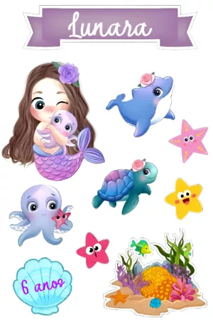 Topo de Bolo Sereia e Fundo do Mar com Elementos para Editar