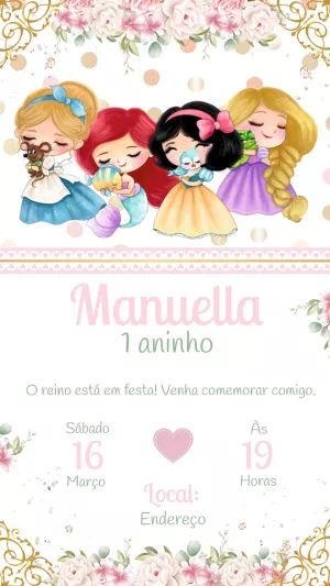 Convite Aniversário Princesas Disney para Editar Online