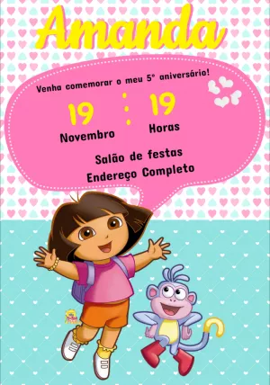 Convite de Aniversário Dora e Botas Pulando de Alegria para Editar