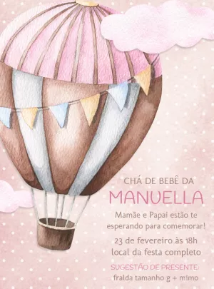 Convite Chá de Bebê Balão Aquarela para Editar Online
