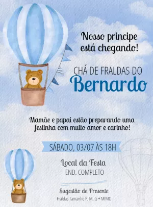 Convite Chá de Fraldas Ursinho Baloeiro para Editar Online