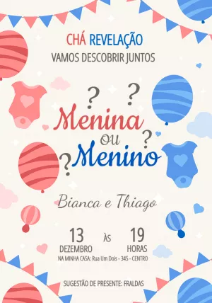 Convite Chá Revelação com Balões Rosa e Azul para Editar Online