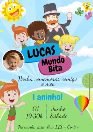 Convite Aniversário Mundo Bita com Foto para Editar Online