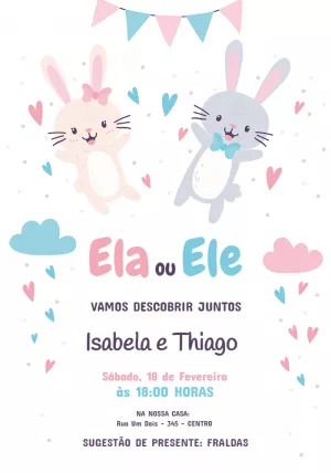 Convite Chá Revelação Coelhinhos Fofos para Editar Online