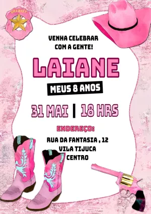 Convite Aniversário Boiadeira Rosa para Editar Online