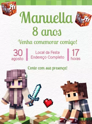 Convite Aniversário Minecraft com Personagens para Editar Online