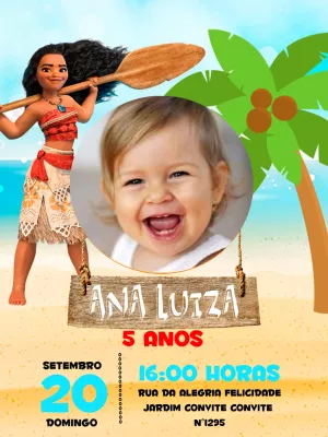 Convite de Aniversário Moana com Foto para Editar Online