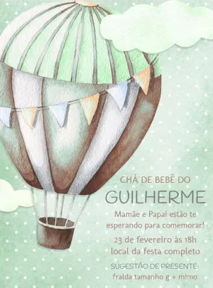 Convite Chá de Bebê Balão Aquarela para Editar Online