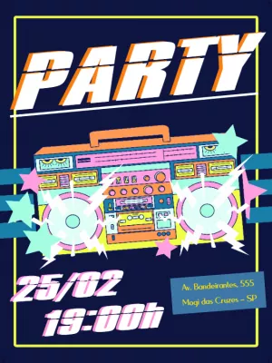 Convite de Aniversário Balada Retrô com Boombox para Editar