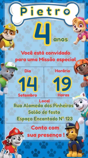 Convite de Aniversário Patrulha Canina para Editar Online