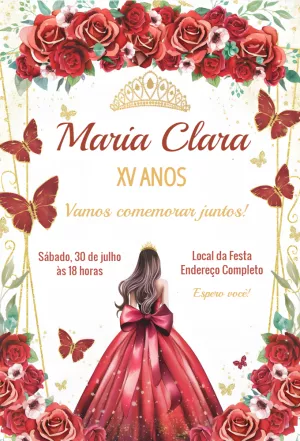 Convite 15 Anos Princesa Floral com Rosas para Editar Online