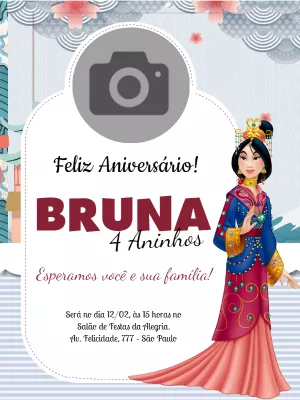Convite de Aniversário Mulan com Foto para Editar Online