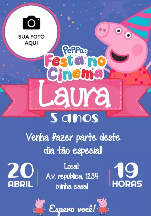 Convite Aniversário Peppa Pig Festa no Cinema com Foto para Editar